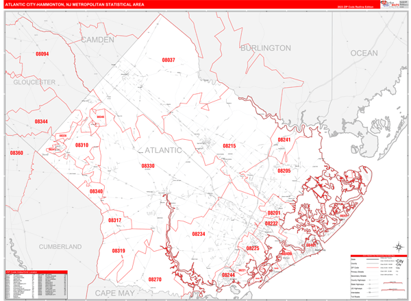 Atlantic City-Hammonton Metro Area Wall Map Red Line Style